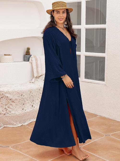 Plus Size Tie Neck Long Sleeve Slit Dress - Browngold Fashion