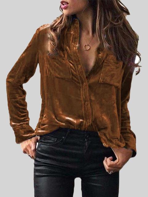 Button Up Collared Shirt with Breast Pockets - Browngold Fashion