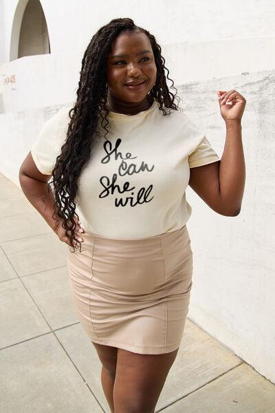 Simply Love Full Size SHE CAN SHE WILL Short Sleeve T-Shirt - Browngold Fashion