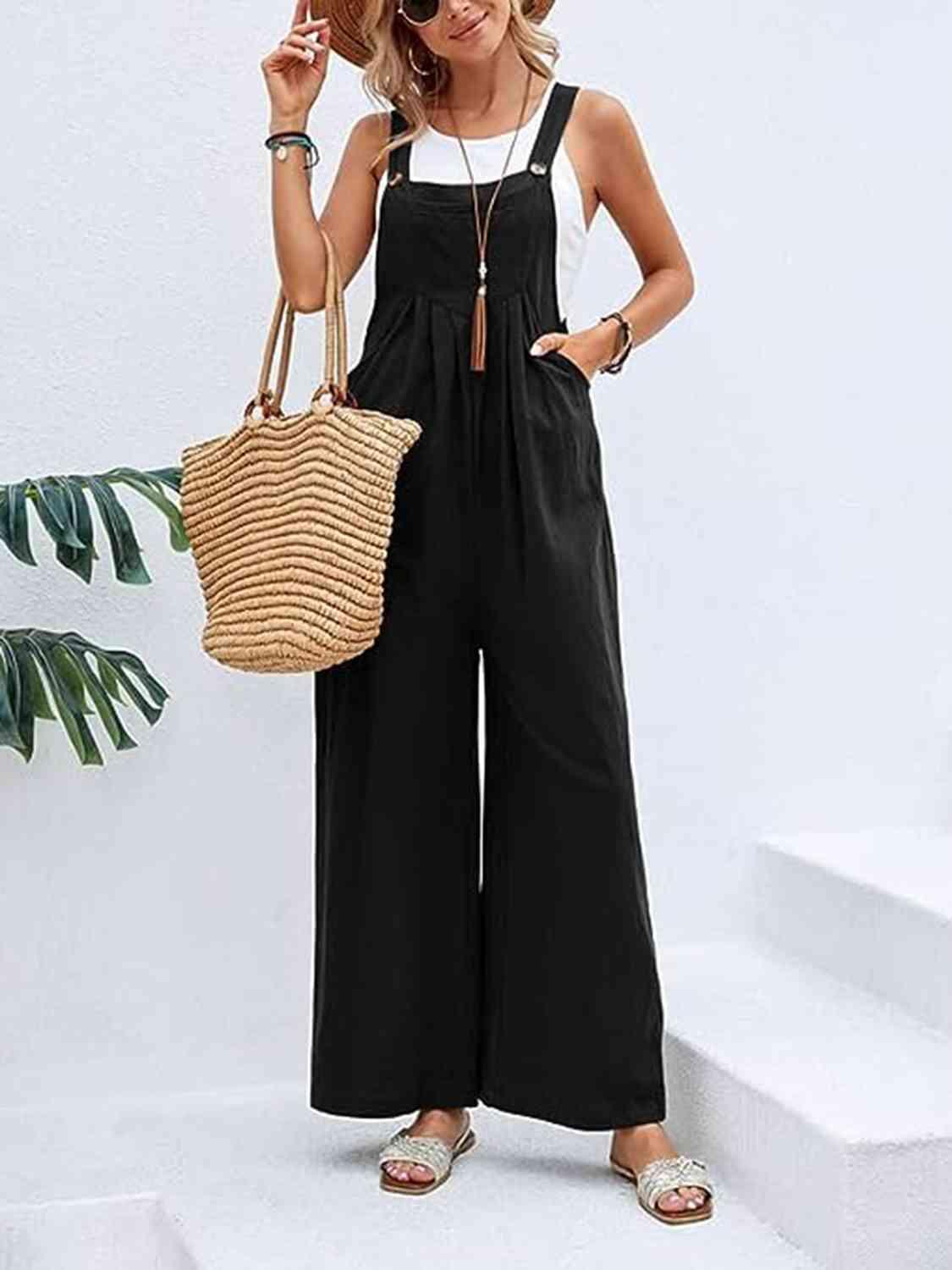 Full Size Wide Leg Overalls with Pockets - Browngold Fashion