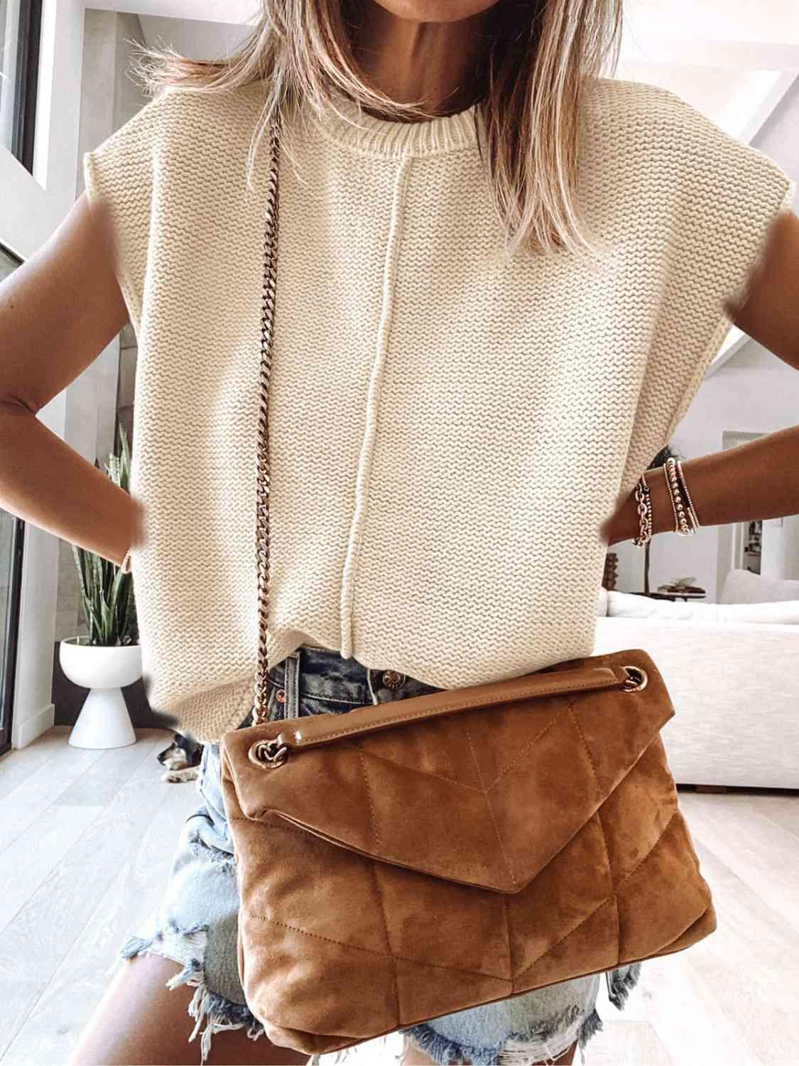 Cap Sleeve Sweater Vest - Browngold Fashion