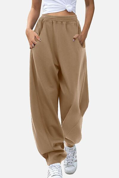 Elastic Waist Sweatpants with Pockets - Browngold Fashion