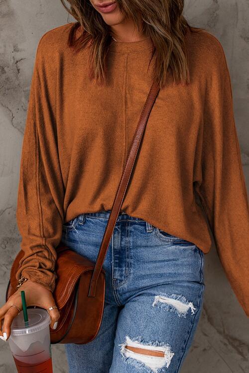 Seam Detail Round Neck Long Sleeve Top - Browngold Fashion