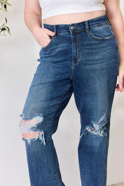 Judy Blue Full Size High Waist 90's Distressed Straight Jeans - Browngold Fashion