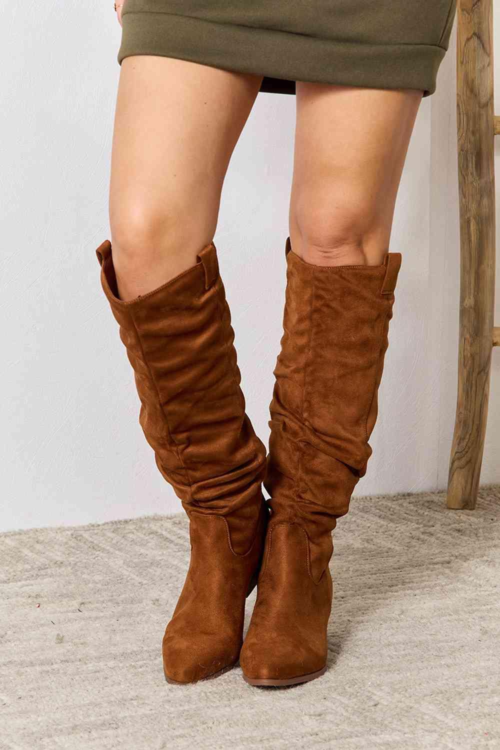 East Lion Corp Block Heel Knee High Boots - Browngold Fashion