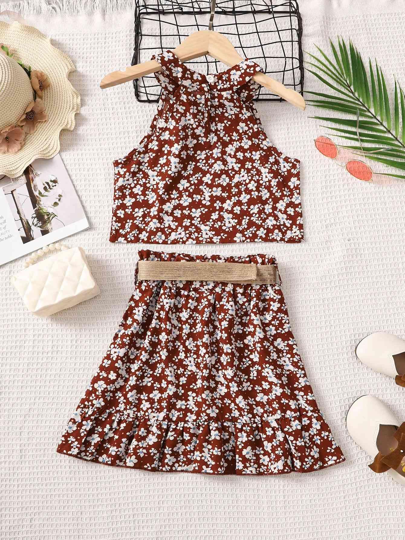 Floral Tank and Ruffle Hem Skirt Set - Browngold Fashion