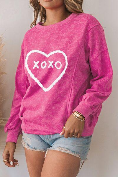 XOXO Heart Graphic Round Neck Long Sleeve Sweatshirt - Browngold Fashion