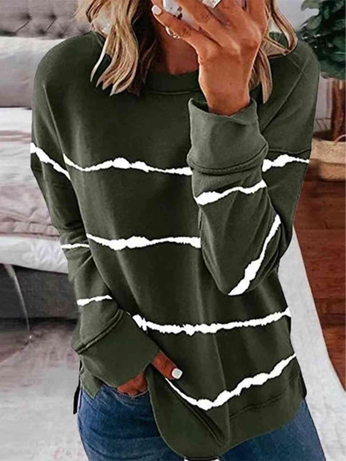 Striped Round Neck Sweatshirt - Browngold Fashion