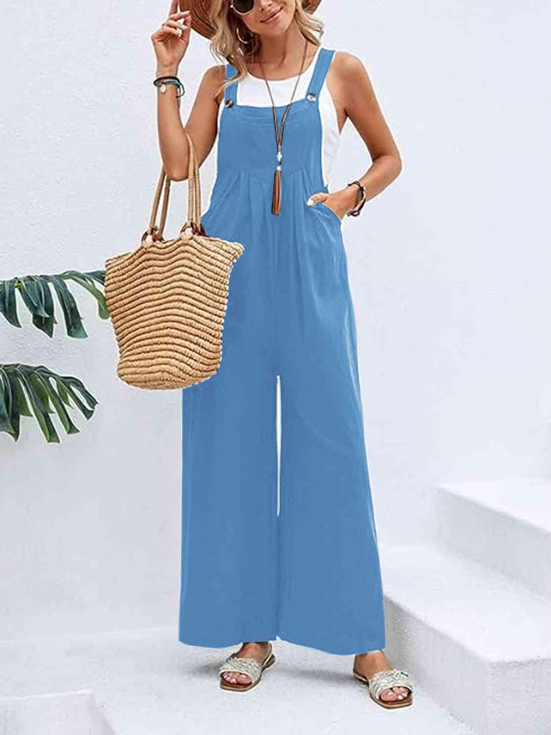 Full Size Wide Leg Overalls with Pockets - Browngold Fashion