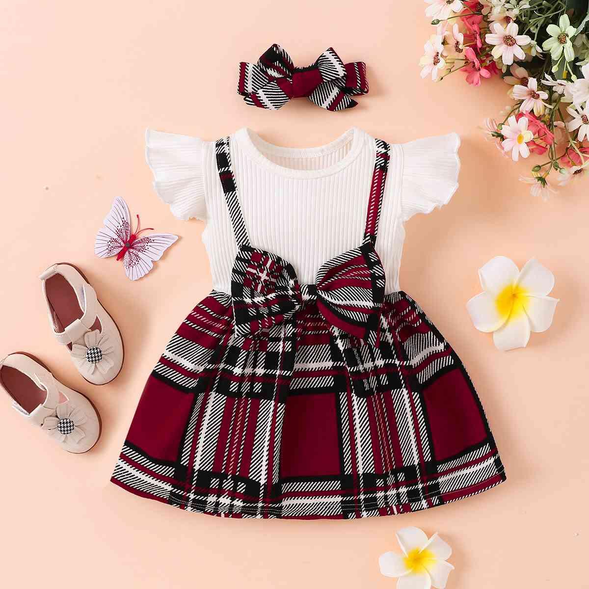 Plaid Print Bow Detail Dress - Browngold Fashion