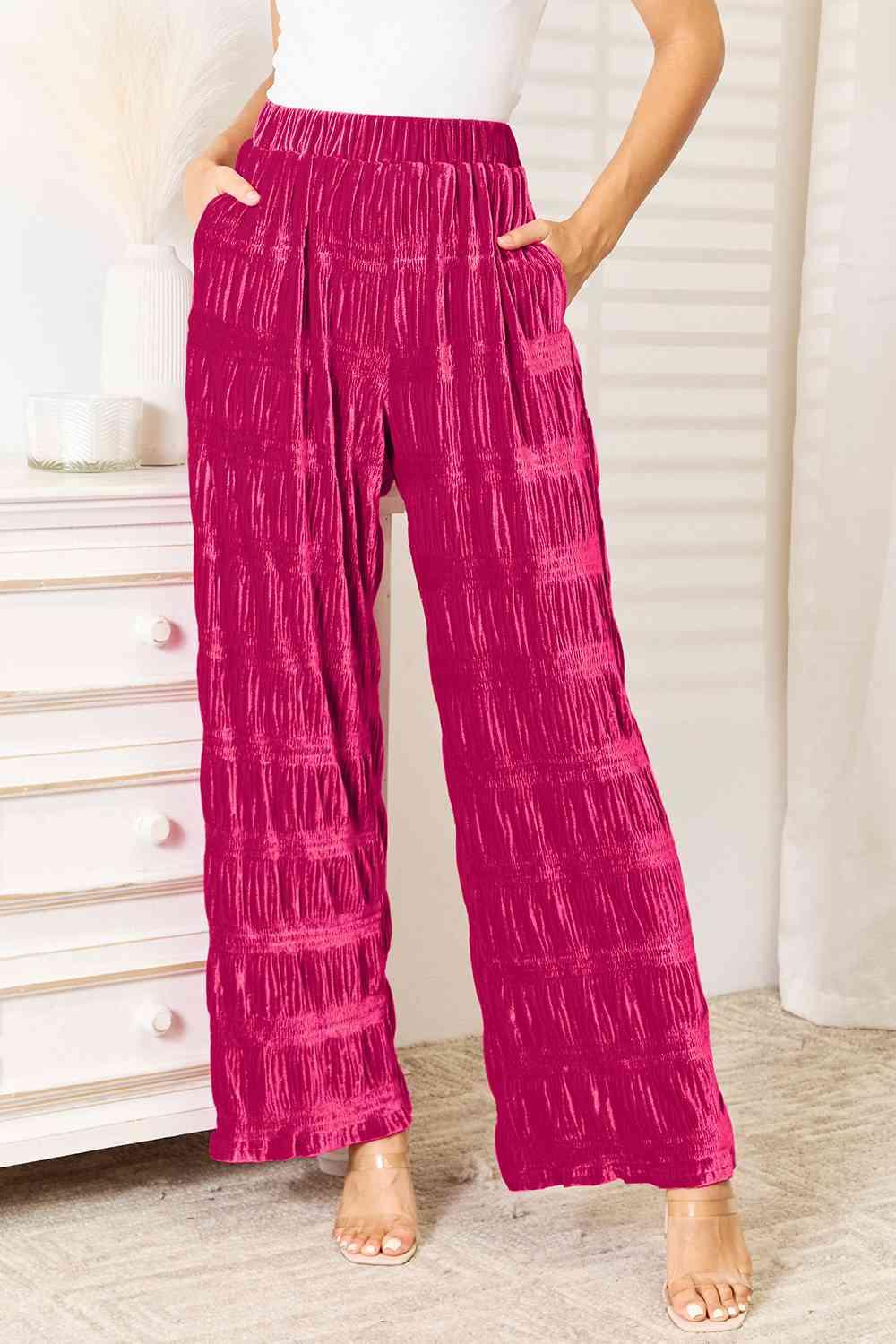 Double Take Full Size High Waist Tiered Shirring Velvet Wide Leg Pants - Browngold Fashion