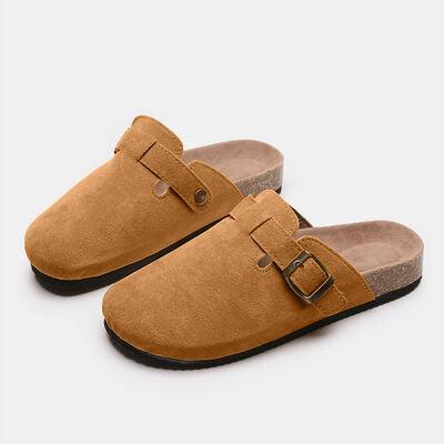 Suede Closed Toe Buckle Slide - Browngold Fashion