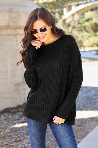 Basic Bae Full Size Ribbed Round Neck Long Sleeve Knit Top - Browngold Fashion