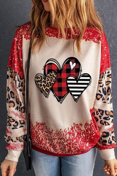 Heart Leopard Round Neck Sweatshirt - Browngold Fashion