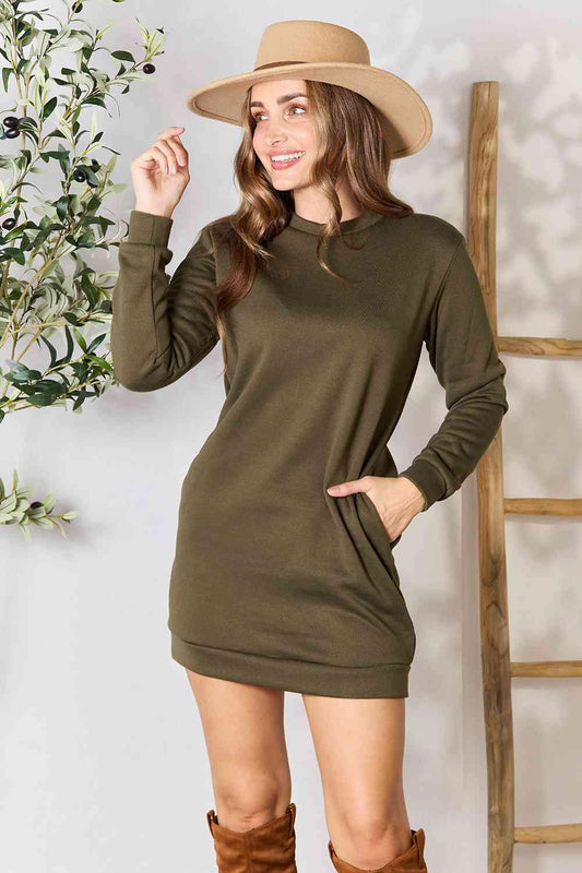 Double Take Round Neck Long Sleeve Mini Dress with Pockets - Browngold Fashion