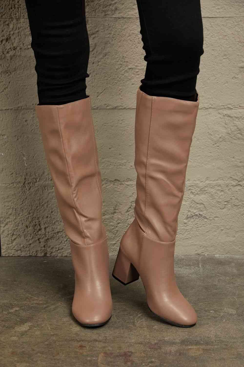 East Lion Corp Block Heel Knee High Boots - Browngold Fashion