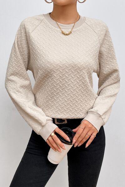 Texture Round Neck Long Sleeve Sweatshirt - Browngold Fashion