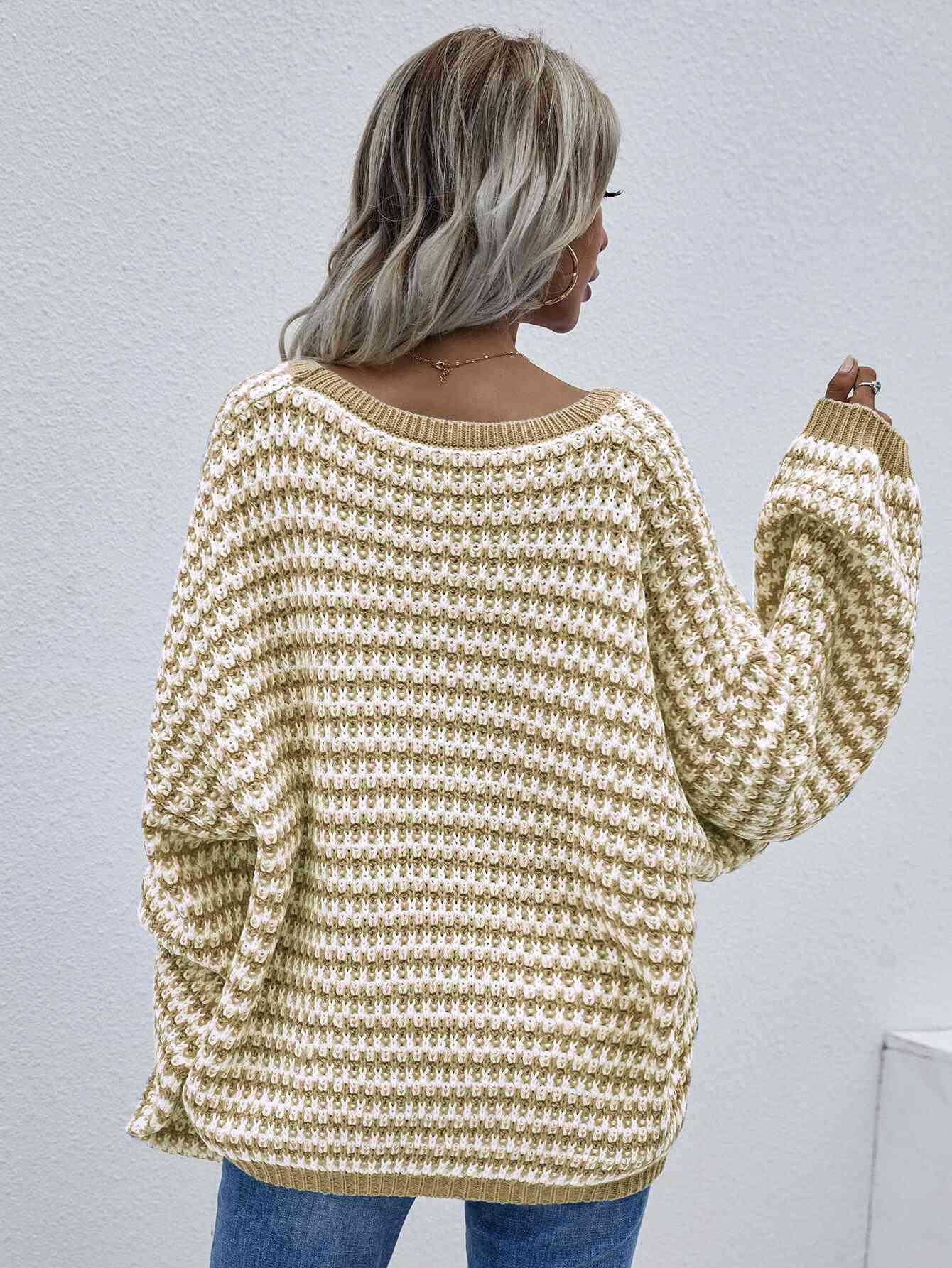 Striped Drop Shoulder V-Neck Pullover Sweater - Browngold Fashion