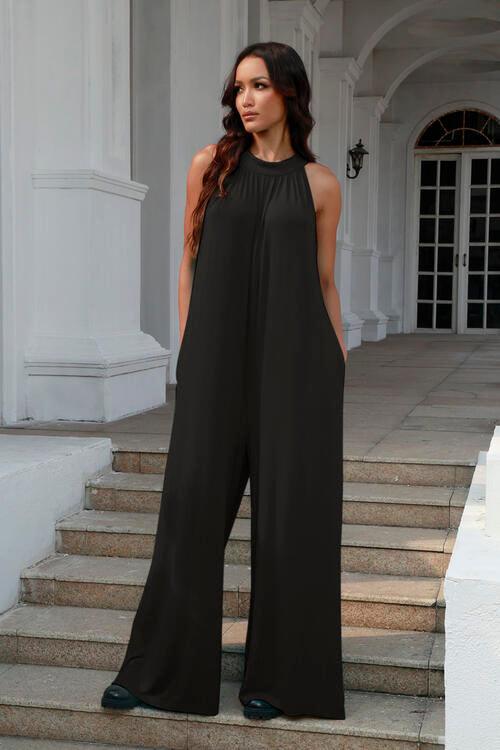 Double Take Full Size Tie Back Cutout Sleeveless Jumpsuit - Browngold Fashion