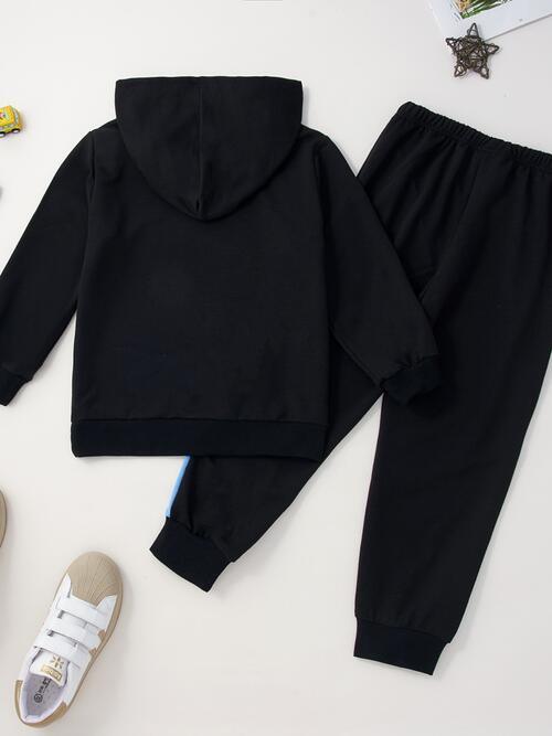Graphic Hooded Top and Contrast Pants Set - Browngold Fashion