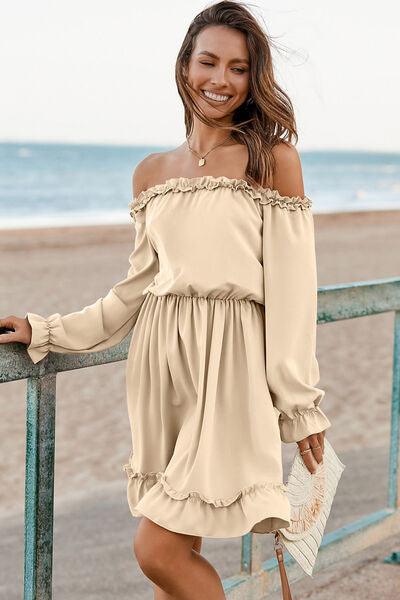 Frill Off-Shoulder Flounce Sleeve Dress - Browngold Fashion