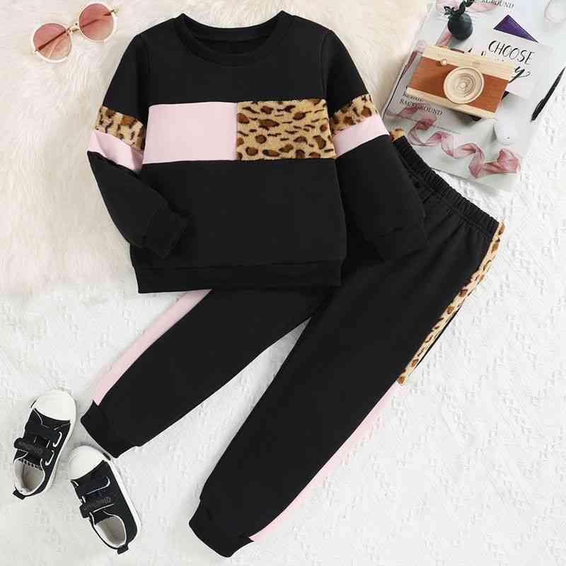 Color Block Round Neck Long Sleeve Top and Long Pants Set - Browngold Fashion