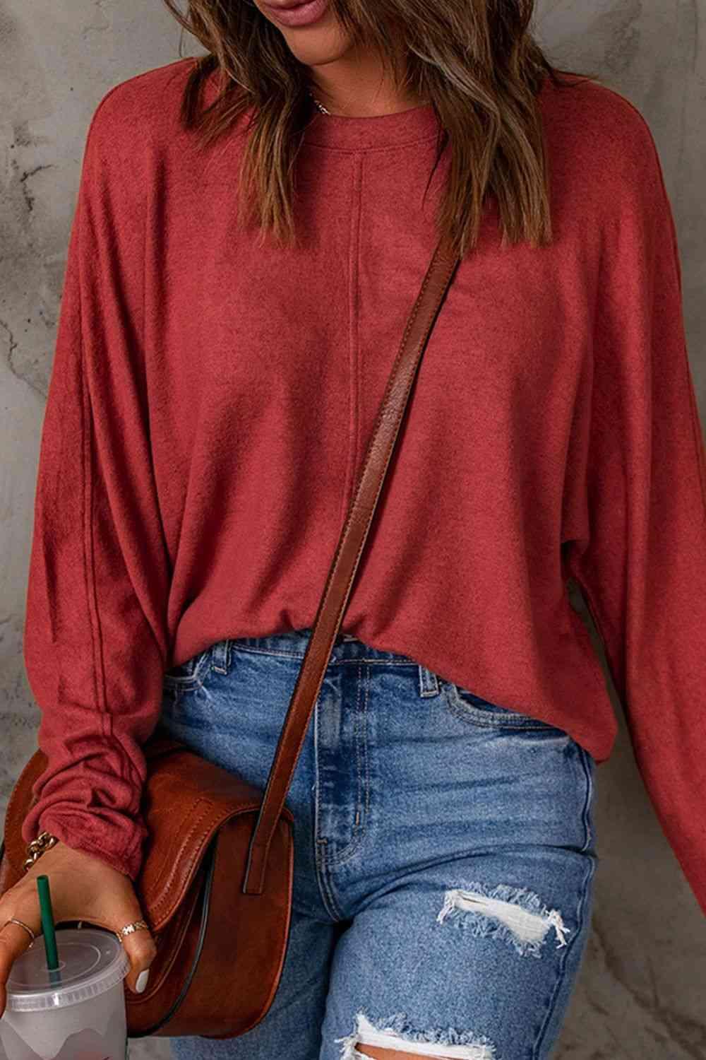 Seam Detail Round Neck Long Sleeve Top - Browngold Fashion