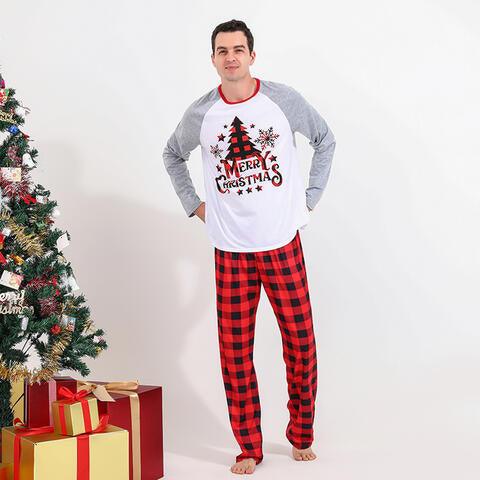 Men MERRY CHRISTMAS Graphic Top and Plaid Pants Set - Browngold Fashion