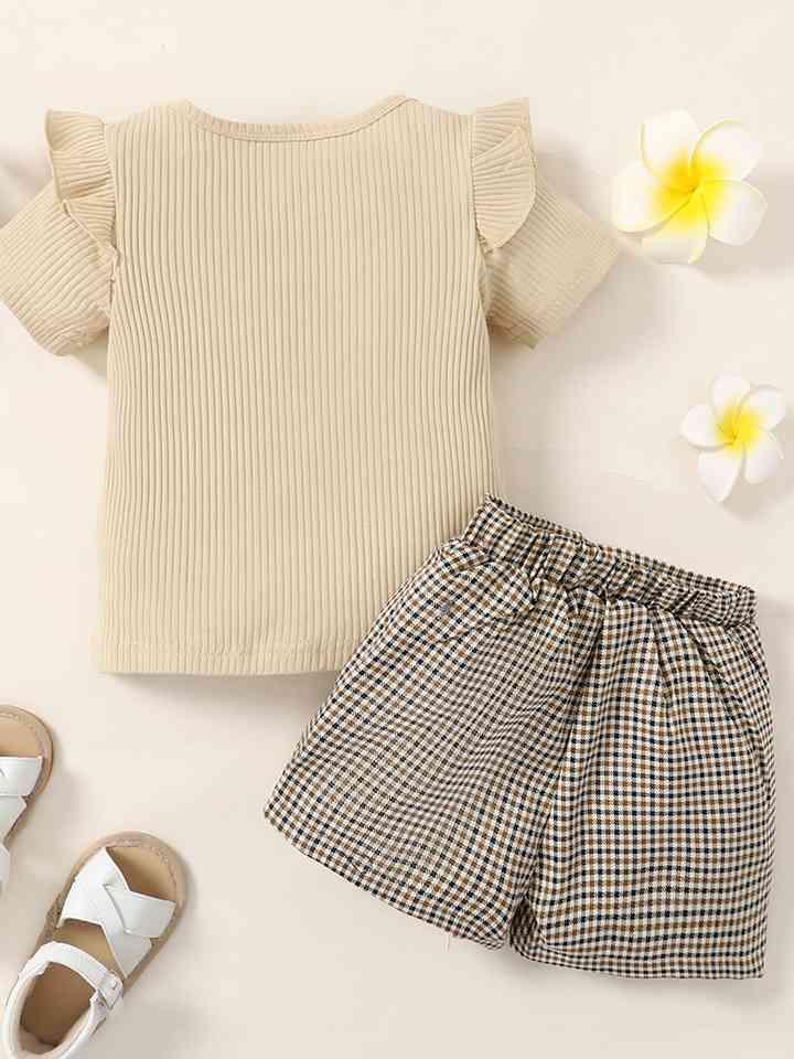 Ribbed Round Neck Short Sleeve Top and Plaid Shorts Set - Browngold Fashion