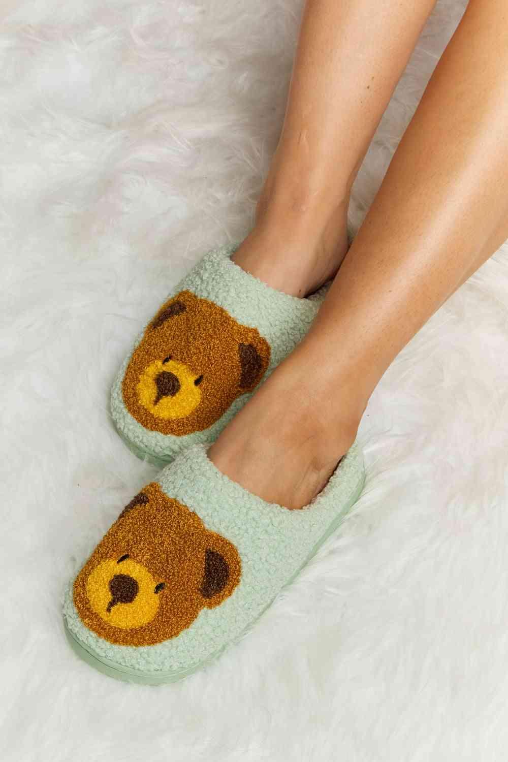 Melody Teddy Bear Print Plush Slide Slippers - Browngold Fashion