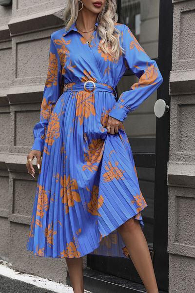 Floral Pleated Surplice Long Sleeve Midi Dress - Browngold Fashion