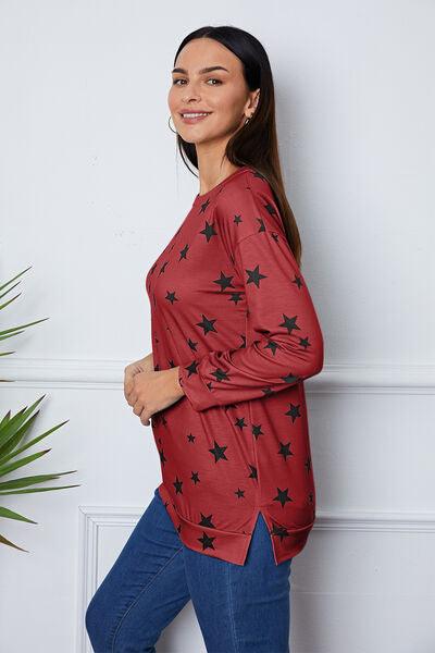 Star Print Round Neck Dropped Shoulder Sweatshirt - Browngold Fashion