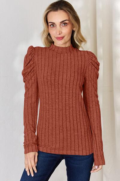 Basic Bae Full Size Ribbed Mock Neck Puff Sleeve T-Shirt - Browngold Fashion