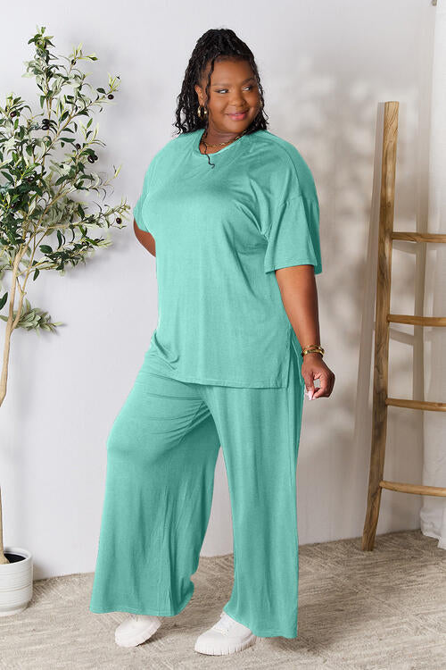 Double Take Full Size Round Neck Slit Top and Pants Set