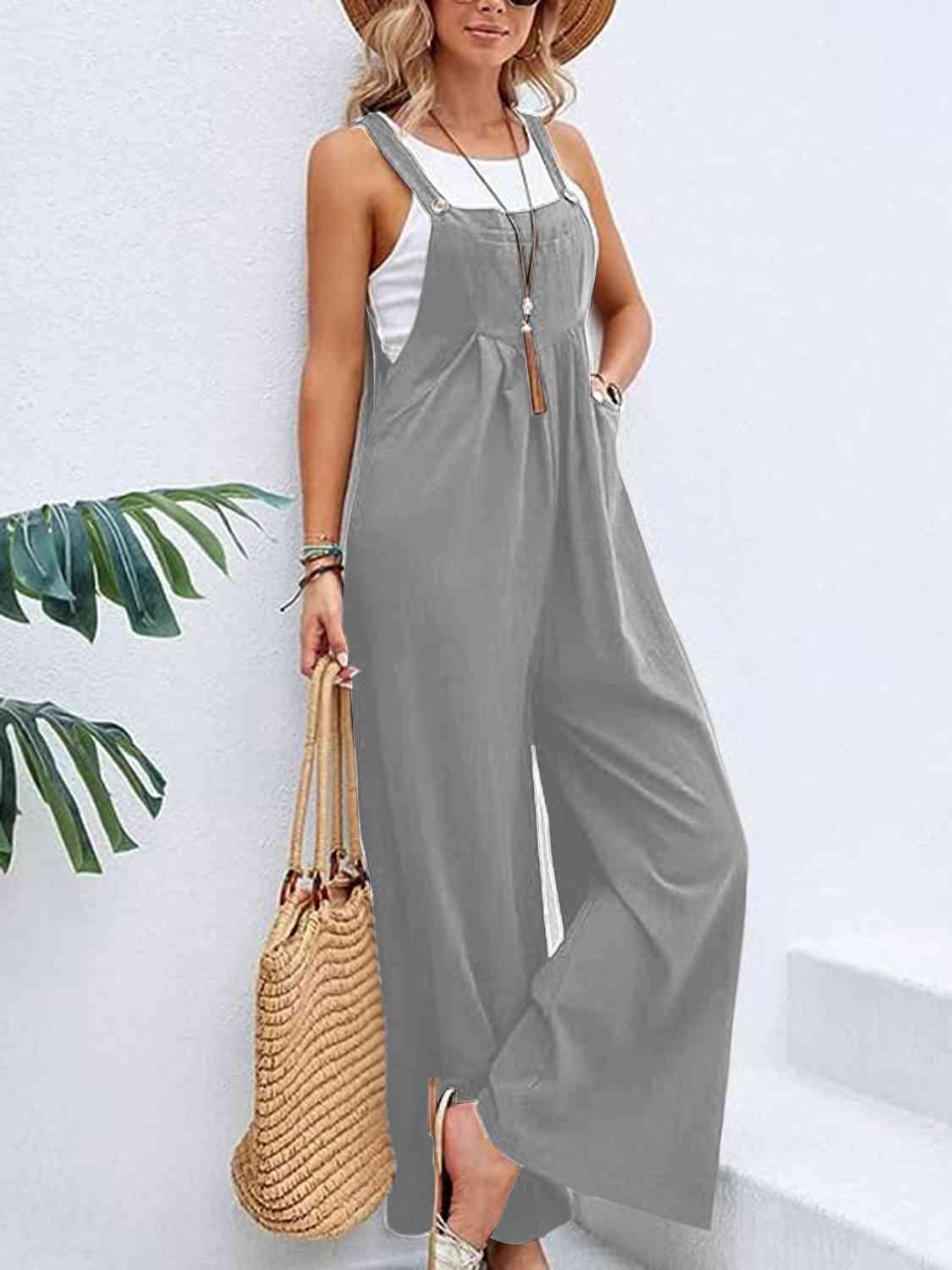 Full Size Wide Leg Overalls with Pockets - Browngold Fashion