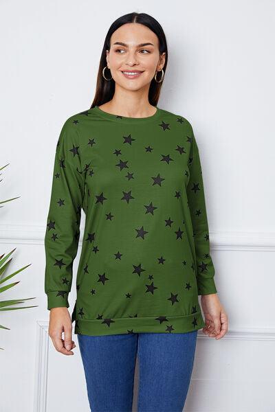 Star Print Round Neck Dropped Shoulder Sweatshirt - Browngold Fashion