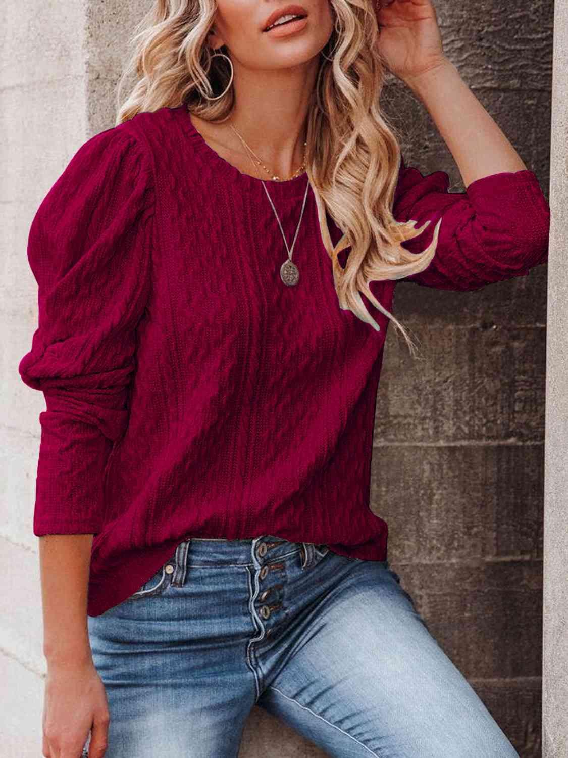 Round Neck Puff Sleeve Knit Top - Browngold Fashion