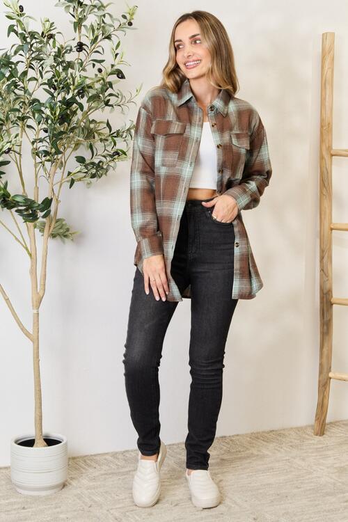 Double Take Plaid Dropped Shoulder Shirt - Browngold Fashion