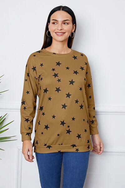 Star Print Round Neck Dropped Shoulder Sweatshirt - Browngold Fashion