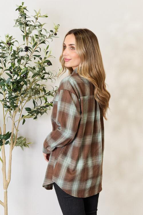 Double Take Plaid Dropped Shoulder Shirt - Browngold Fashion