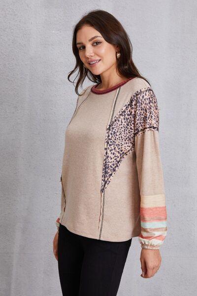 Contrast Stitching Leopard Long Sleeve Blouse - Browngold Fashion