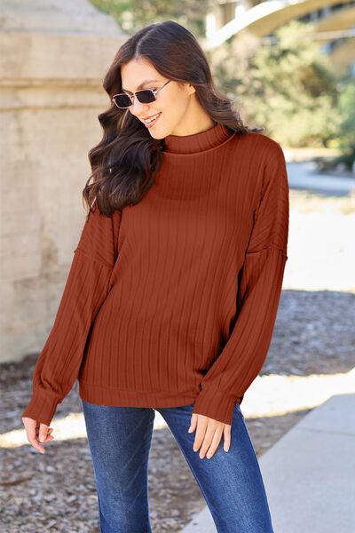 Basic Bae Full Size Ribbed Exposed Seam Mock Neck Knit Top - Browngold Fashion