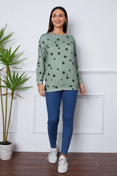 Star Print Round Neck Dropped Shoulder Sweatshirt - Browngold Fashion