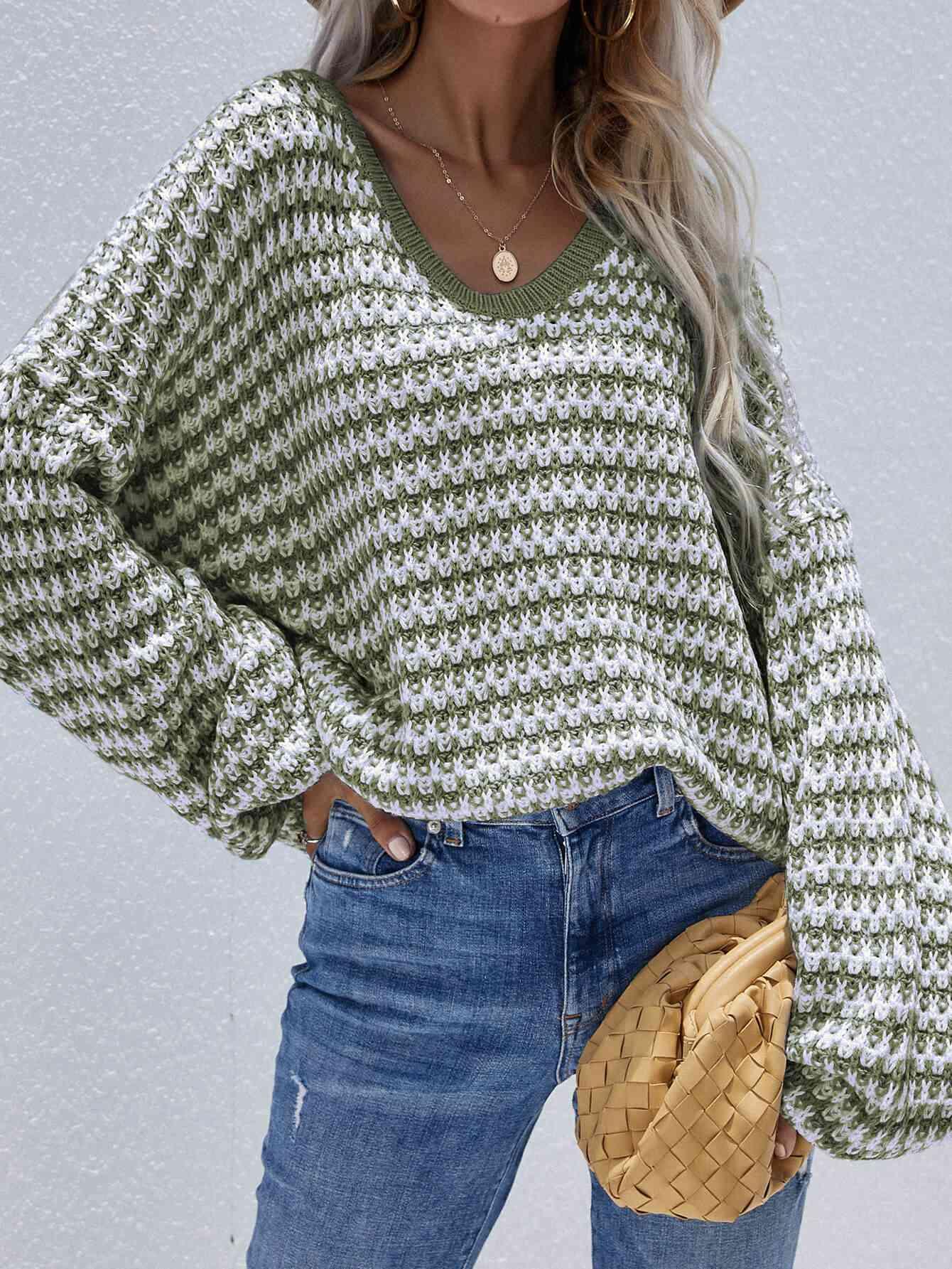 Striped Drop Shoulder V-Neck Pullover Sweater - Browngold Fashion