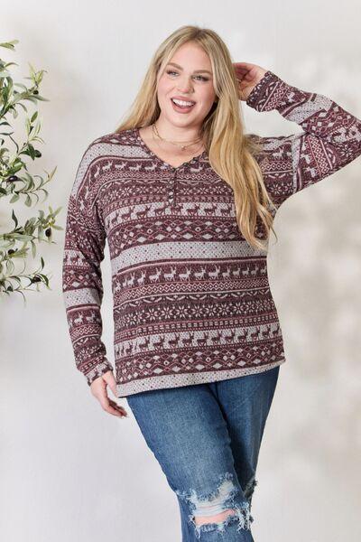 Heimish Full Size Christmas Element Buttoned Long Sleeve Top - Browngold Fashion