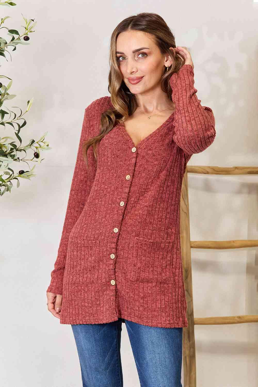 Double Take Ribbed Button-Up Cardigan with Pockets - Browngold Fashion