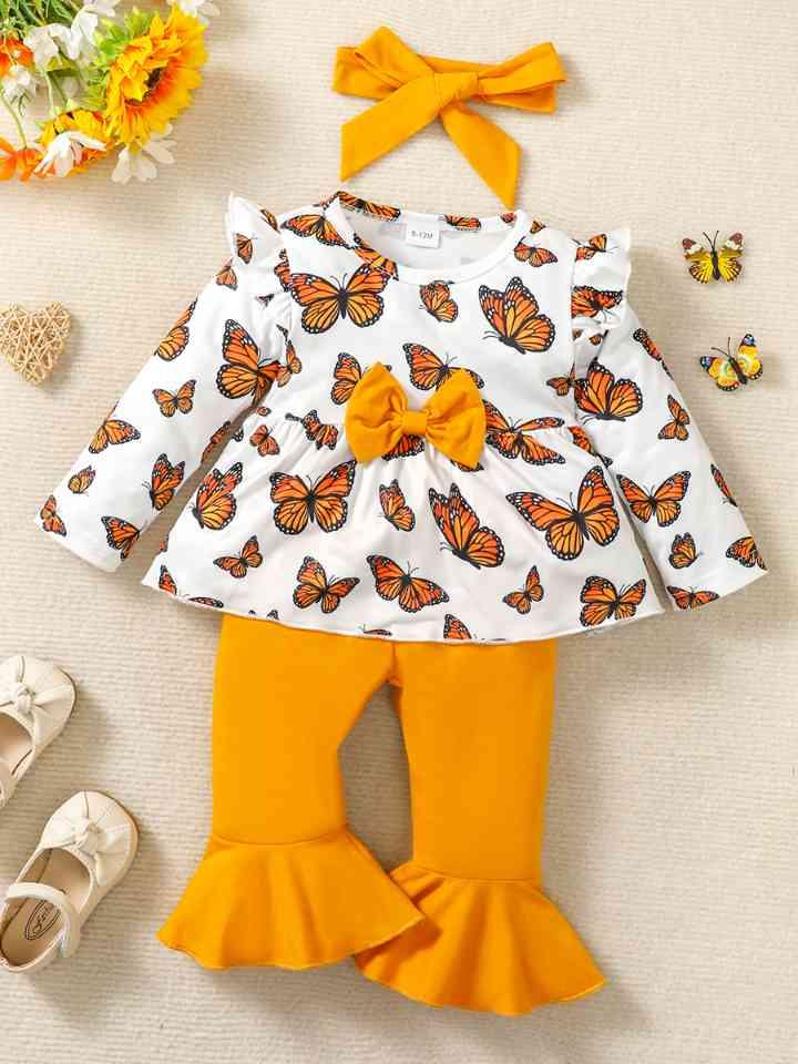 Butterfly Print Top and Pants Set - Browngold Fashion