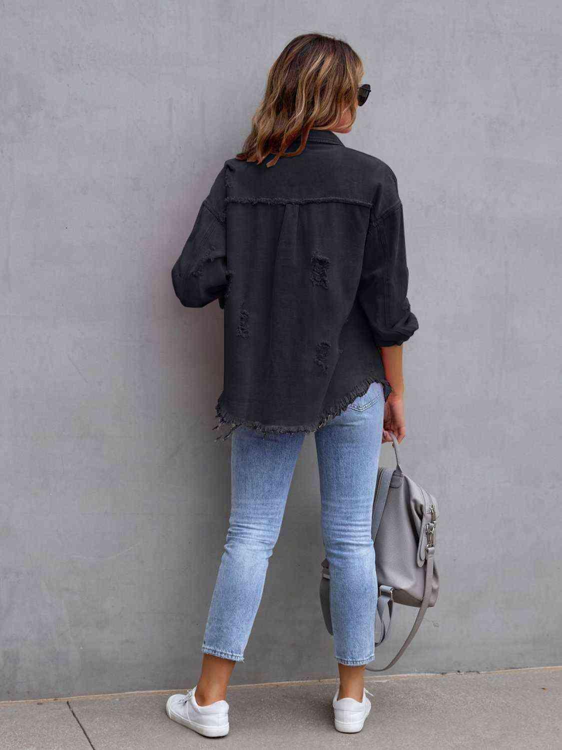 Distressed Drop Shoulder Denim Jacket - Browngold Fashion