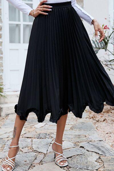 Frill Trim Pleated Elastic Waist Skirt - Browngold Fashion