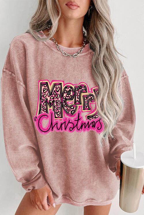 MERRY CHRISTMAS Round Neck Long Sleeve Sweatshirt - Browngold Fashion